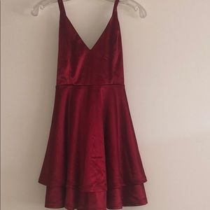 Red satin v neck dress